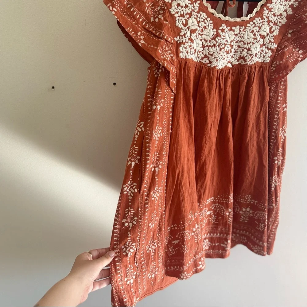 NWT BluIvy Embroidered Rust Boho Mini Dress Peasant Ruffles 100% Cotton Small - Picture 3 of 8